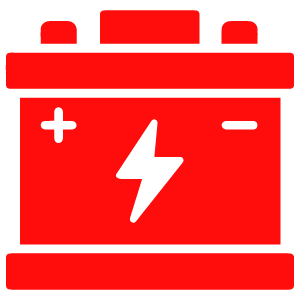 Red illustration of a car battery with a lightning bolt symbol, representing automotive electrical services.