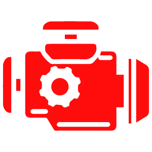 A red graphic of a car engine with a gear icon, symbolizing auto repair services. The design emphasizes the mechanical aspect of vehicle maintenance.