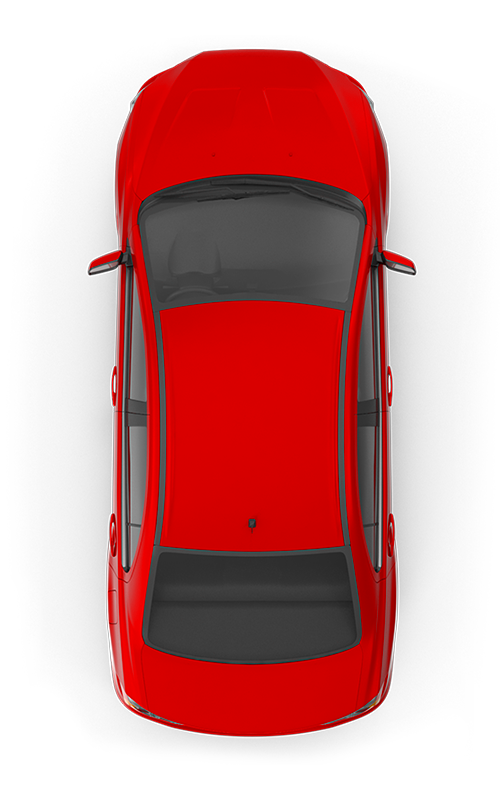 A top-down view of a bright red car on a black background, showcasing its sleek design and smooth lines. The image emphasizes the car's exterior features without any additional context.